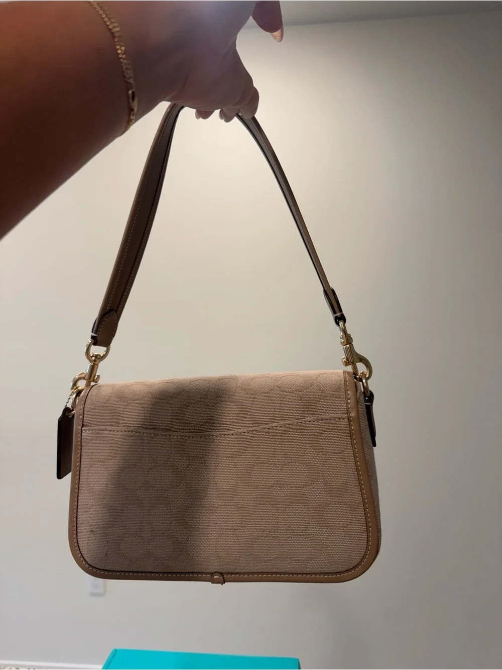 Coach Beige/Tan Signature Canvas Shoulder Bag with Gold Hardware
